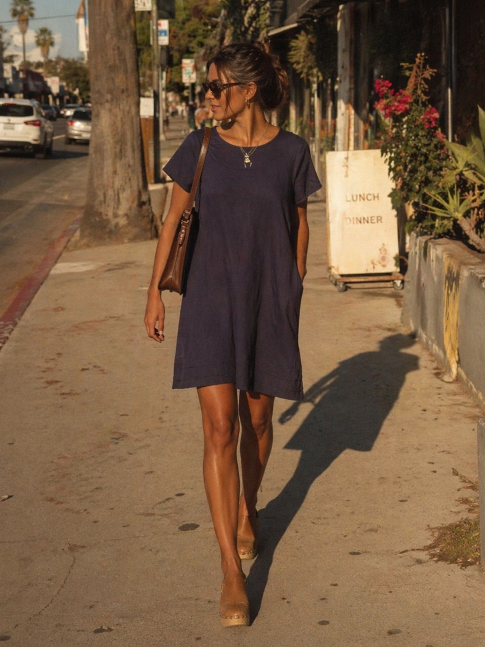 100% Cotton Navy Pleated Hem Short Sleeve Scoop Neck Dress XL Minimalist Coastal